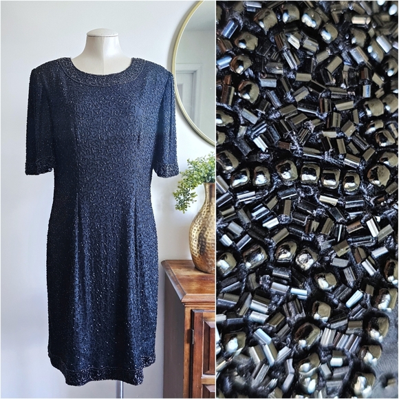 100% Pure Silk Mark & John By Gopal Black Beaded Cocktail Elegant Dress Sz Large - Picture 13 of 16